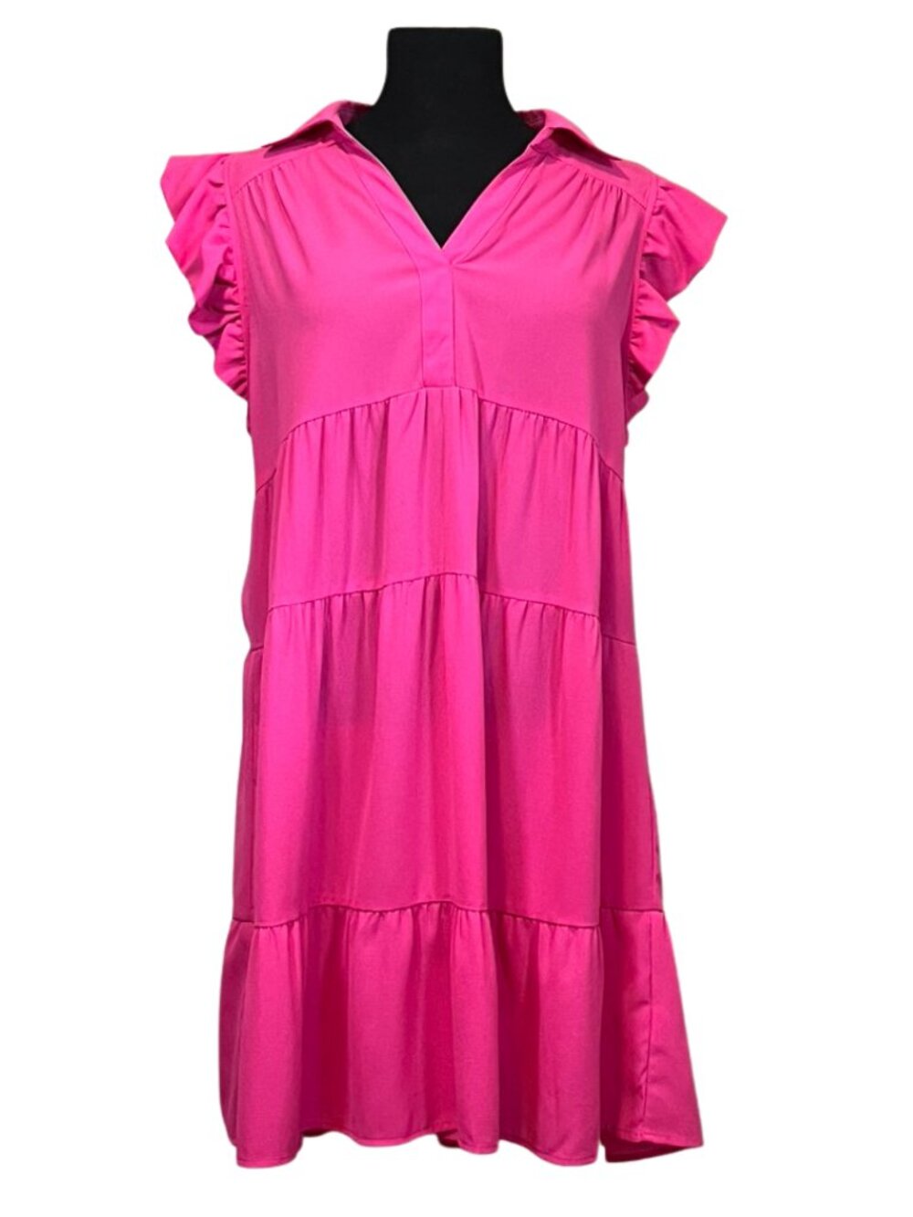 Umgee Hot Pink Tiered Ruffle Sleeve Midi Dress Size L